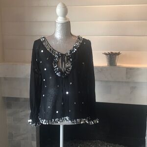 Izza Sheer Silver Sequined Black Tunic M EUC